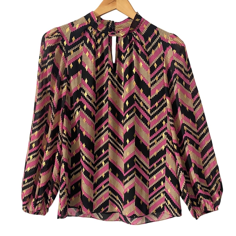 Jade by Melody Tam Womens XS Pink Black Chevron Gold Foil Mock Neck Blouse Top
